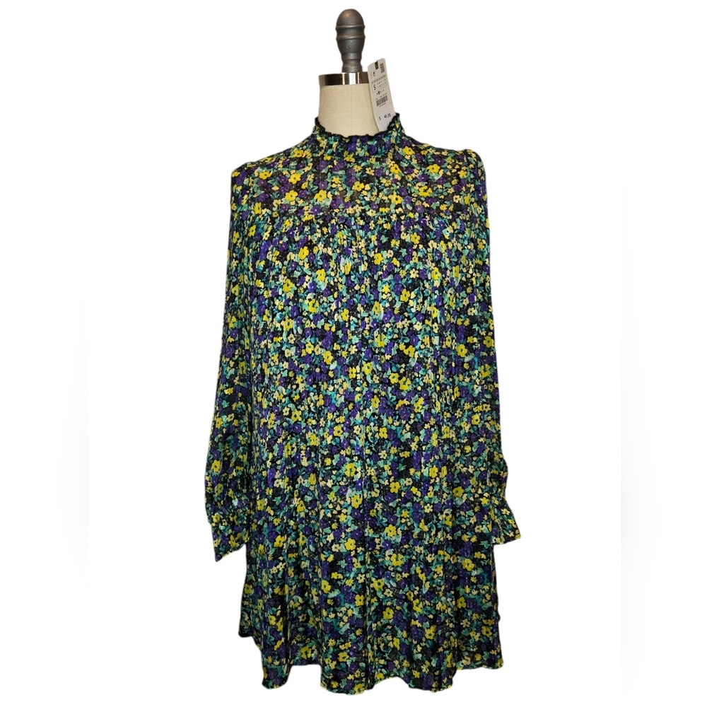 Zara Chiffon Mini Floral Pleat Accordion Babydoll Mockneck sheer dress S